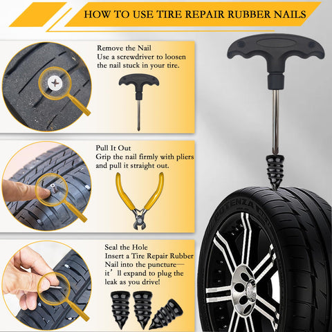 Instructions for 80Pcs Tire Repair Nails Kit With 4 Sizes And Essential Tools For Quick DIY Self Service Patch And Plug Repairs.