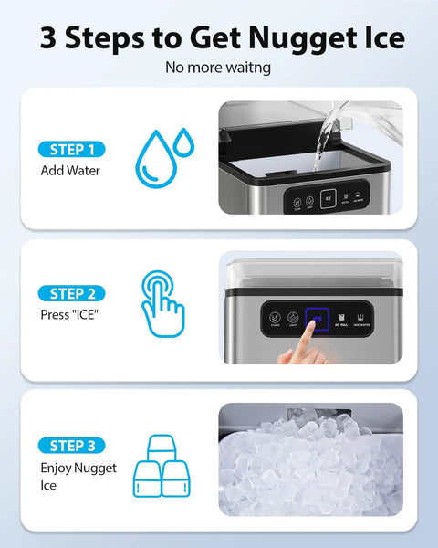 3-step guide to using Nugget Ice Maker 40 Lbs Per Day Countertop Ice Machine With One Click Operation Fast 5 Minute Ice Auto Self Cleaning