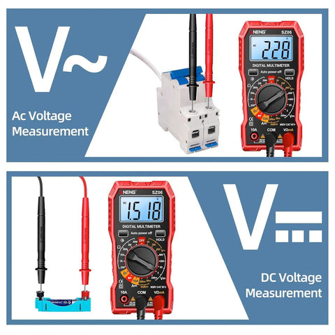 All In One Digital Multimeter Tester 2000 Counts with DC and AC voltmeter displaying voltage readings for DIYers and pros in red.