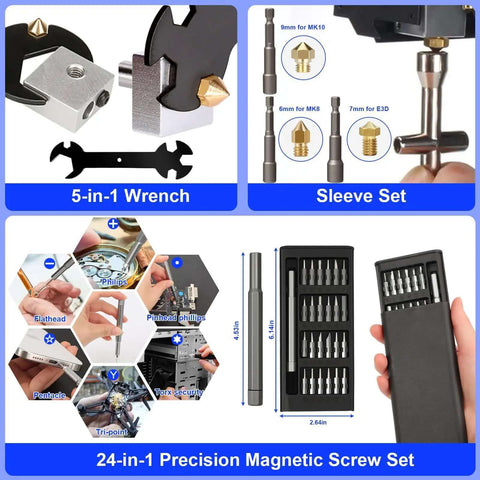 Must Have 158 Piece 3D Printing Tool Kit With Nozzle Cleaning Kit Deburring Tools Digital Caliper Mini Rotary Tool Smoothing Tools And Printer Finishing Accessories For Clean Precise Prints showing wrench, sleeve, screw set