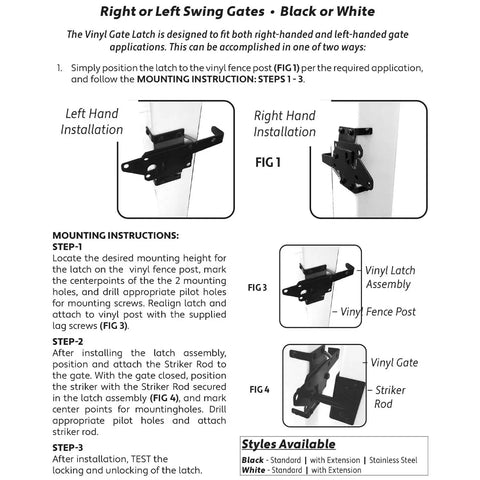 Installation guide for Heavy Duty White Self Closing Vinyl Fence Gate Hardware Kit showing left and right swing latch fittings.