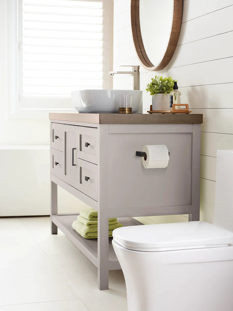 Modern bathroom vanity with light gray cabinet featuring Oil Rubbed Bronze Cabinet Pull Monument Collection 5-1/16 Inch Center-To-Center.