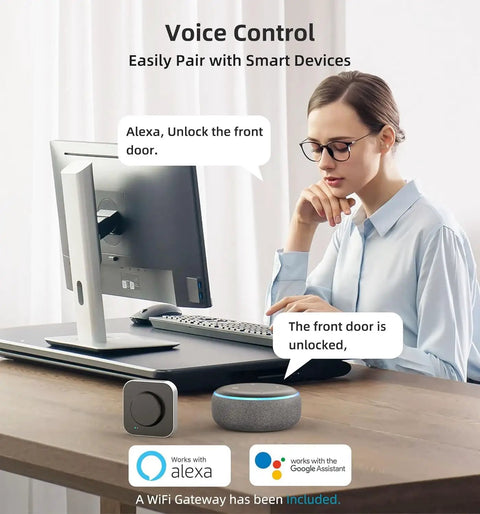 Woman using voice control with Alexa to operate Secure Your Spot Fast With This Smooth Operator Smart Wifi Deadbolt.