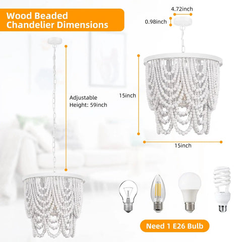 Dimensions and bulb types for Two Tier White Wood Beaded Chandelier With Draped Maple Beads In Soft Painted White Finish shown.