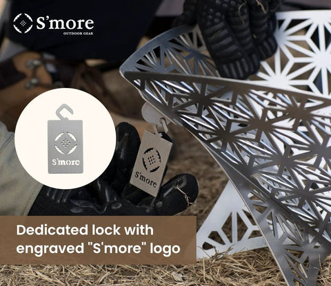Close-up of a sturdy steel Portable Camping Fire Pit With Grill For Cooking, Outdoor Stove With Storage Bag, featuring an engraved S'more logo.