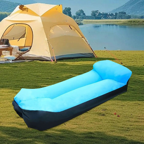 Inflatable Lounger Camping Couch For Adults And Kids, Air Sofa Chair, Portable Blue Outdoor Lounger beside tent