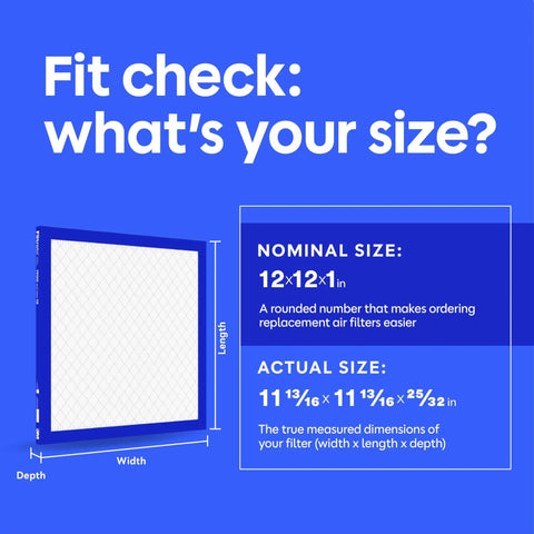Size chart showing 12x12x1 Air Filter MERV 13 MPR 1900 dimensions for allergens, pollutants; actual size 11 13/16 x 11 13/16 x 25/32 inches.