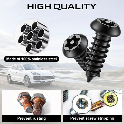 Lock Down Those Plates With Heavy Duty Anti Theft License Plate Screws Crafted From Rugged 304 Stainless Steel, showing screws and car.