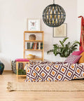 Handcrafted Transitional Ceiling Fan With Bronze Gilt Gold Finish And Smart Dimmable Light Perfect For Kickin Back In Bedrooms Or Living Rooms Featuring Whisper Quiet Motor And Tight Style hanging in a cozy bedroom with patterned decor.