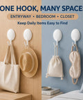 Heavy Duty Adhesive Wall Hooks For Bathroom And Kitchen No Drill Strong Sticky Hangers For Towels Coats Zero Hassle Residue Free 4 Pack hanging bags and accessories in entryway and bedroom.