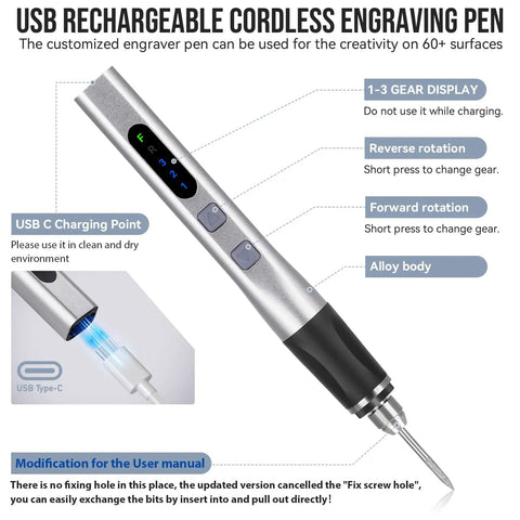 Upgrade 2 Way Rotary Electric Engraving Pen With 37 Bits Cordless USB Rechargeable featuring metal body and control buttons.