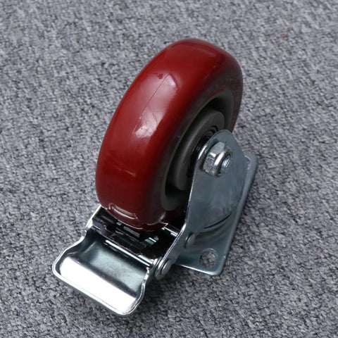 Red Swivel Caster Wheels TPR Metal with Brake, 2pcs Silent close-up of a single caster with red wheel and metal base.