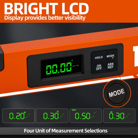 Bright LCD display on 16-Inch Digital Level With LCD Display Bubble Light Up For DIYers Magnetic Torpedo Level Angle Finder.