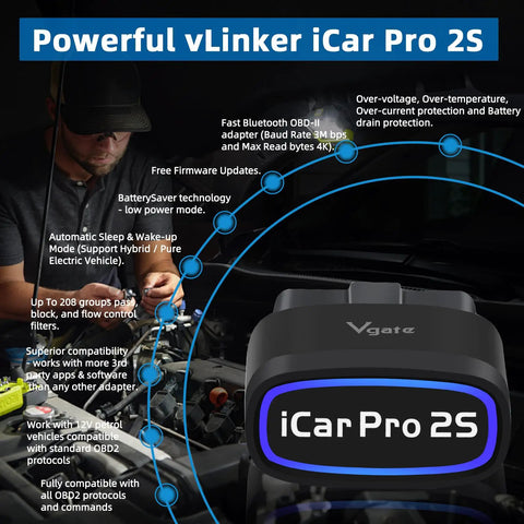 Bluetooth OBD2 Diagnostic Adapter For iOS Android And Windows Read And Clear Check Engine Codes Real Time Performance Data And Logger device with car engine background.