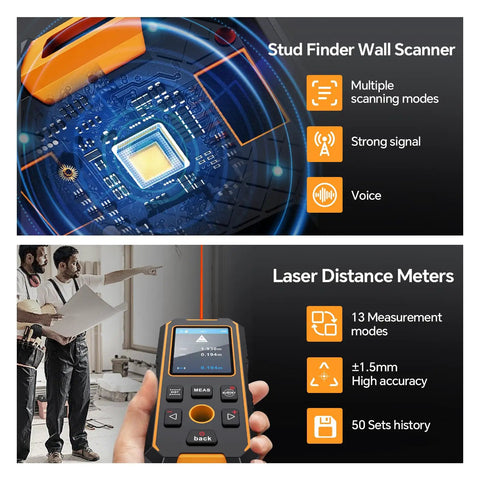 5 In 1 Stud Finder Wall Scanner With Laser Distance Meter And Digital Level Handy Rechargeable Multifunction Detector with HD LCD