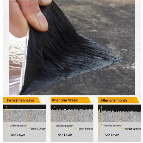 Close-up of Self Adhesive Weather Stripping And Sealing Tape For Roofs Pipes Boats Aluminum Foil Waterproof Heat Resistant Fire Retardant Quick Fix Repair Tape 0.1x10m 0.3x32.8ft in use on surface.