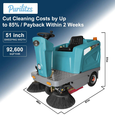 Grab this Badass 51 Inch Industrial Ride On Floor Sweeper Machine For Warehouses. Smooth Handling With Solid Tires And Hydraulic Brakes. Kick Axxe Dust and Debris To The Curb. Heavy Duty Powerhouse. Clean Floors Fast Without The Grunt Work. Essential