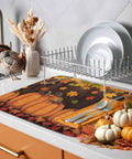 Fall Thanksgiving Must Have Dish Drying Mat Set With Orange Pumpkin Design And Maple Leaves Brown Wood Grain Look Absorbent Microfiber