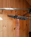 Set Of 2 Black Mens Belt And Tie Hangers To Keep Your Closet Swag On Point multi slot hook rack displaying a brown belt.