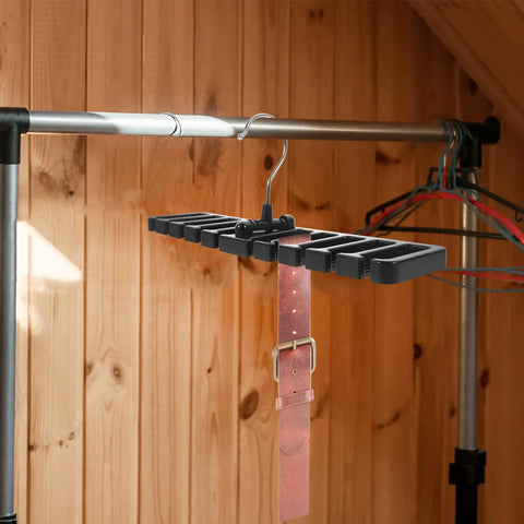 Set Of 2 Black Mens Belt And Tie Hangers To Keep Your Closet Swag On Point multi slot hook rack displaying a brown belt.