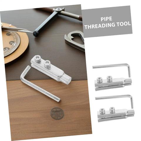 Heavy Duty Two Piece Stainless Steel Damaged Pipe Extractor Kit With Broken Valve Remover Screw Driver Set For Plumber Pros Who Need To Fix Gunked Messes Fast And Easy. Two-piece stainless steel pipe threading tool set on wood surface