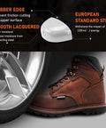 Mens Work Boots With Crazy Horse Leather Goodyear Construction Steel Toe Waterproof Non Slip Warmth Tough Work Shoes For Rough Terrain Brown Size 13 All Day Comfort next to wheel showing European standard steel toe protection.