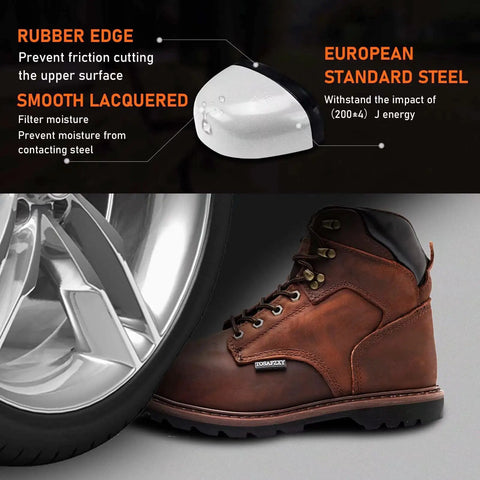 Mens Work Boots With Crazy Horse Leather Goodyear Construction Steel Toe Waterproof Non Slip Warmth Tough Work Shoes For Rough Terrain Brown Size 13 All Day Comfort next to wheel showing European standard steel toe protection.