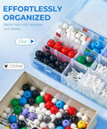 Molecular Model Kit With 404 Pieces For Organic And Inorganic Chemistry Includes 100 Atoms, organized in labeled compartments.