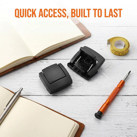 Black Alloy Toggle Latches 2 Pack Keyless Flatbottom Design on white wood surface with tools and notebook