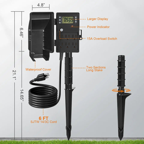 Heavy Duty Outdoor Power Stake With 7 Day Programmable Digital Timer for Landscape Lighting, 6 ft cord, waterproof design.