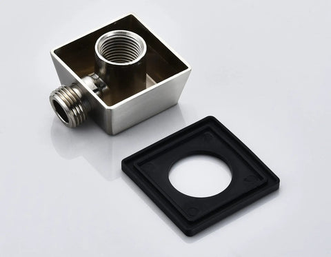 90 Degree Brushed Nickel Square Shower Wall Elbow, Built To Last Heavy Duty Solid Metal, Half Inch NPT Inlet, shown with rubber gasket