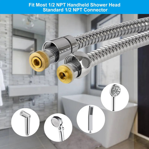 Heavy Duty All Metal Shower Hose 90 Inch Stainless Steel Brass Fittings Chrome in bathroom setting