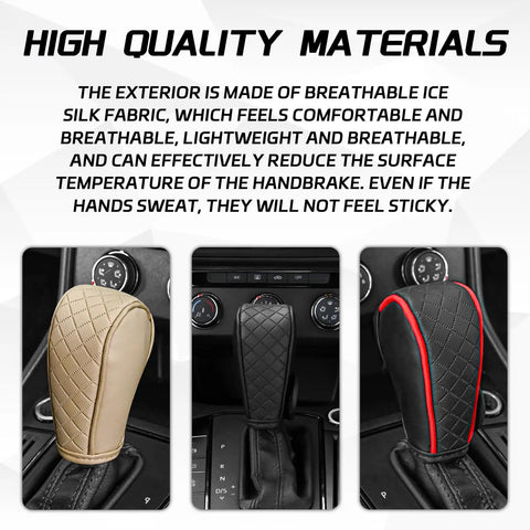 High-quality leather gear shift covers in beige, black, and black with red stitching, showing universal fit for cars, trucks, SUVs.