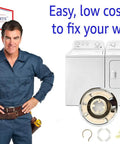 Top Load Washer Clutch Assembly 285785 Restores Spin Cycle For Whirlpool And Kenmore Appliances displayed with tools and washers.