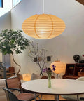 FEHEED 16 Inch Oval Plug in Hanging Paper Lantern Lights with Cord illuminating a stylish dining area with plants.