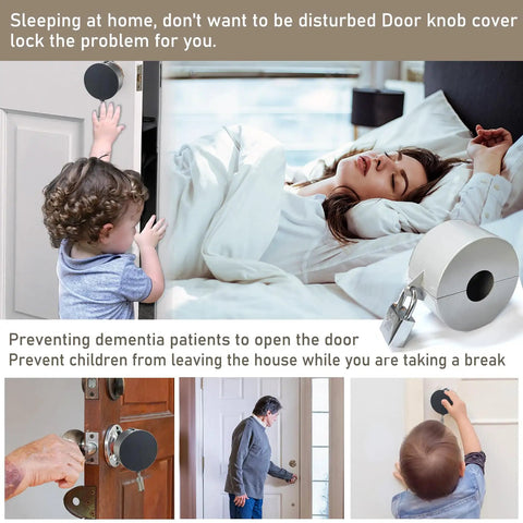 Lock Out Door Knob Device With Padlock For Round Doorknobs Keeps Them From Turning And Keyholes From Being Accessed Great For Privacy And Safety Stainless Steel Silver Finish shown in use on bedroom door