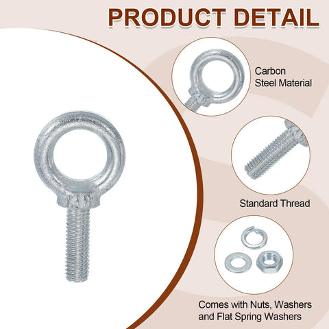 5 Pack M8 Galvanized Carbon Steel Eye Bolts Kit With Nuts Washers And Spring Washers For Tie Downs Indoors Outdoors Heavy Duty Beefy Lifting Rings Silver Ideal For Trailers Boats Rigs And Everyday Hardware Jobs. Carbon steel eye bolt with M8 thread and included nut, washer, spring washer