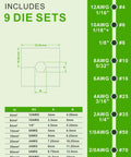 Diagram showing 9 die sets for 10 Ton Hydraulic Battery Cable Lug Crimping Tool Kit, sizes from 12 AWG to 2/0 AWG and 1/8 inch wire.