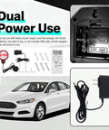 Adjustable LED Garage Parking Sensor With Dual Power Hookups And Glowing Color Coded Warning Lights Portable Car Stop Aid shows battery and USB power options.