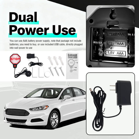 Adjustable LED Garage Parking Sensor With Dual Power Hookups And Glowing Color Coded Warning Lights Portable Car Stop Aid shows battery and USB power options.