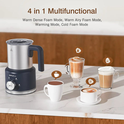 4 In 1 Electric Milk Frother And Steamer, 16.9 oz capacity, displayed with coffee, lattes, cappuccinos, macchiatos on a counter.