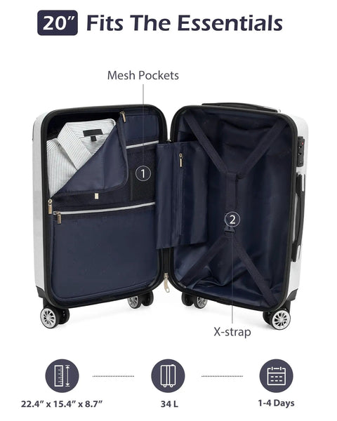 Durable Lightweight Carry On Luggage With PC Plus ABS Hard Shell, Dual Spinner Wheels, TSA Lock, White Grid Finish, open view