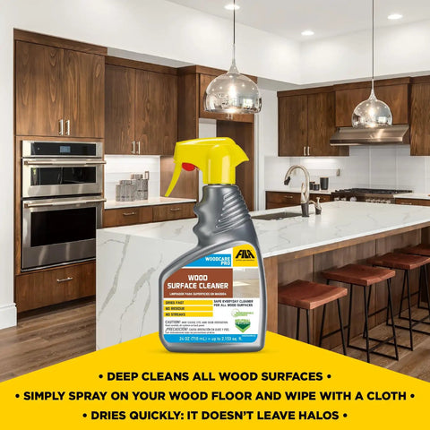 Quick Dry Wood Floor Cleaner Spray For Hardwood Surfaces And Kitchen Cabinets on kitchen counter, 24oz bottle, effective on all wood surfaces.