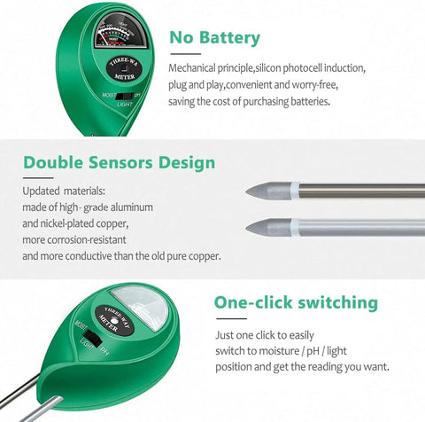3 In 1 Soil Moisture Meter And pH Tester With Light Sensor for Garden Farm Lawn Indoor Outdoor No Battery Needed