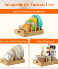 Bamboo Lid Organizer For Inside Cabinet With 4 Adjustable Inserts And 5 Sections, Keeps Lids Neat And Easy To Grab, Food Container Lid Holder