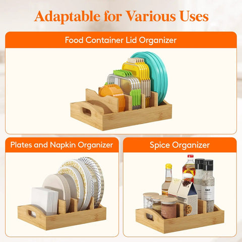 Bamboo Lid Organizer For Inside Cabinet With 4 Adjustable Inserts And 5 Sections, Keeps Lids Neat And Easy To Grab, Food Container Lid Holder