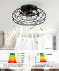 15.7" Flush Mount Caged Ceiling Fan with Light, industrial black wire cage design in kitchen, 6-speed remote control feature.
