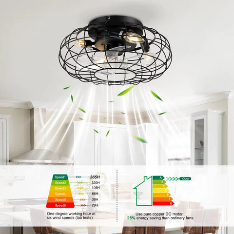 15.7" Flush Mount Caged Ceiling Fan with Light, industrial black wire cage design in kitchen, 6-speed remote control feature.