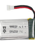 Close-up of 3.7V 650mAh LiPo battery from Four Pack 3.7V 650mAh LiPo Batteries With a 4 in 1 Battery Charger for Syma X5 X5C X5C1 RC Drones.