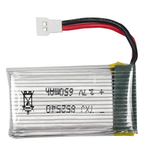Close-up of 3.7V 650mAh LiPo battery from Four Pack 3.7V 650mAh LiPo Batteries With a 4 in 1 Battery Charger for Syma X5 X5C X5C1 RC Drones.